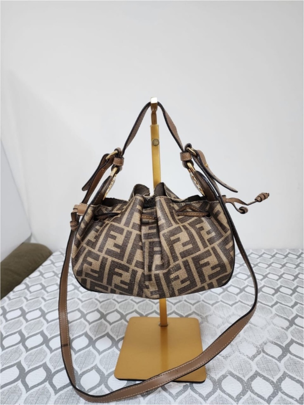 Authentic FENDI Pomodorino Drawstring Mini Bucket Bag Brown